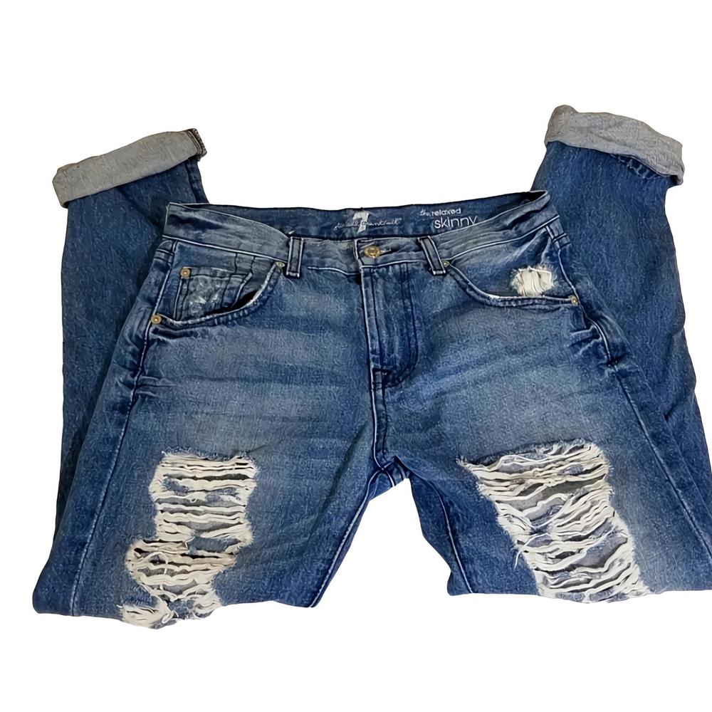 7 For All Mankind Blue Distressed The Relaxed Skinny Jeans Size 25